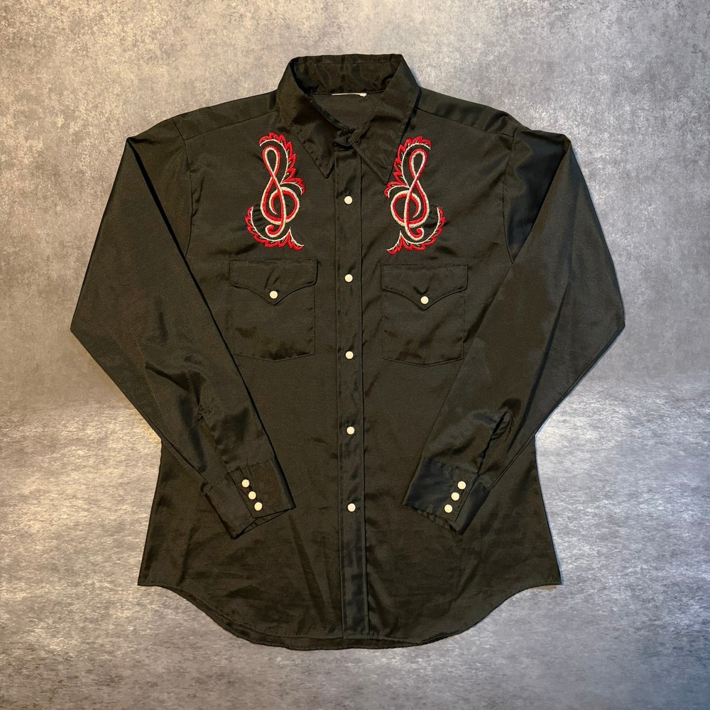 Embroidered Treble Clef Western Pearl Snap Shirt Large Black Cowboy Rockabilly